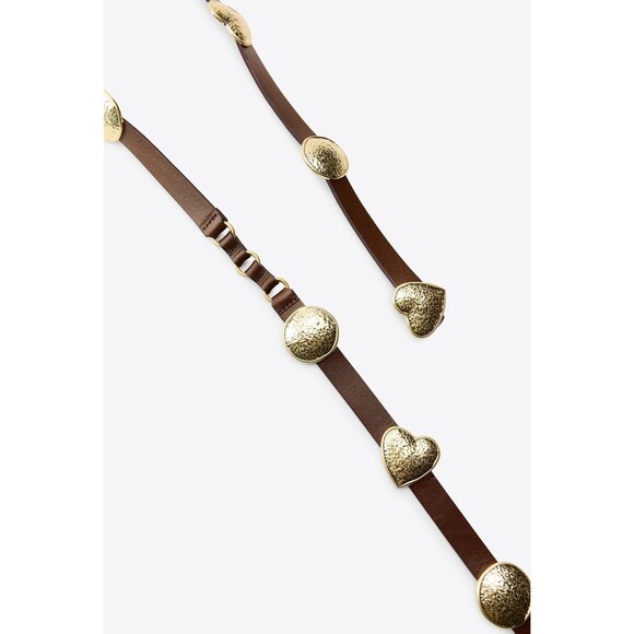 ZARA 100% Leather Brown Gold Heart Medallion Harness Belt Women EU 85 US 32 Boho main image 9